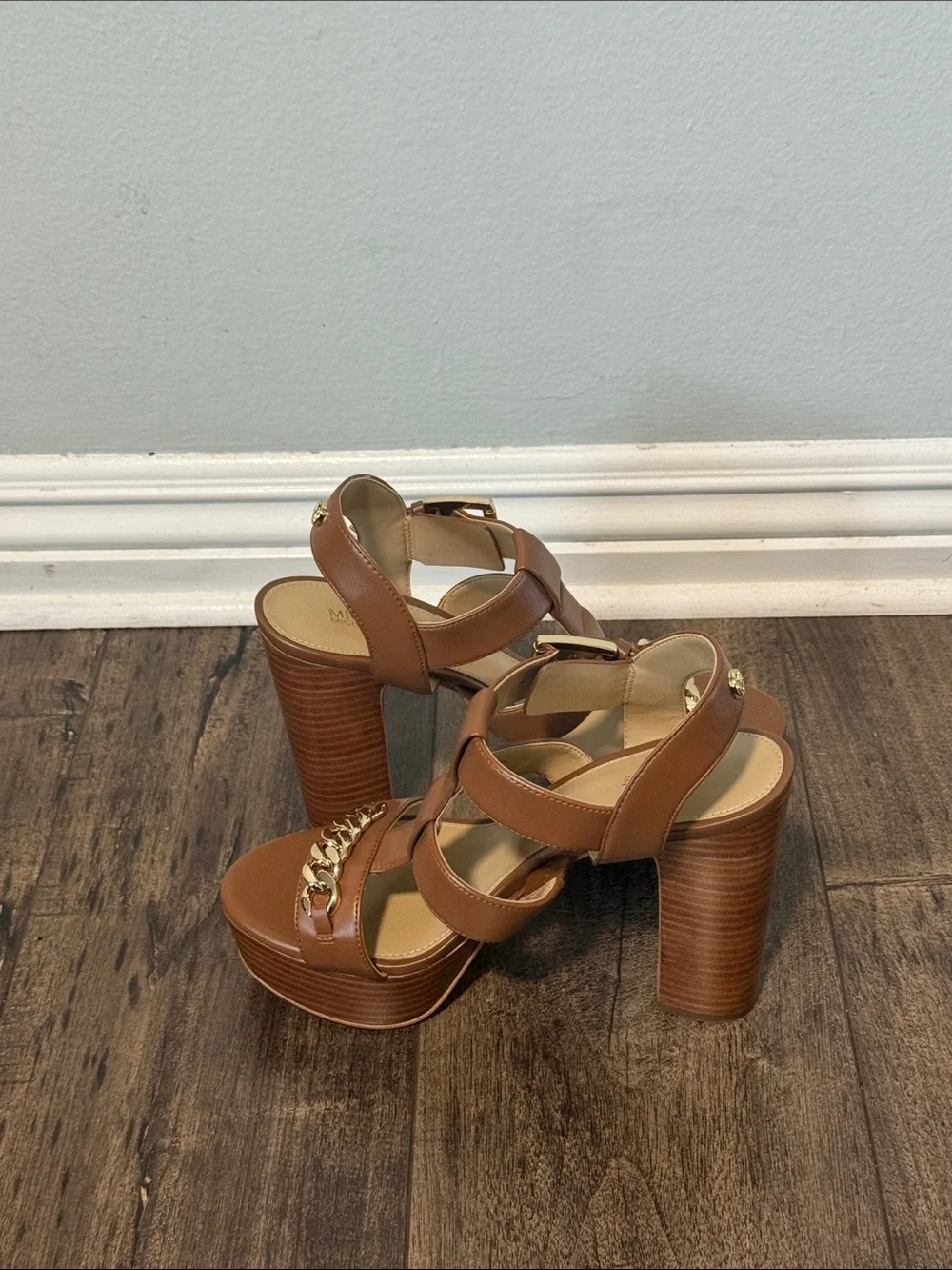 Michael Kors Brown Platform Block Heel Sandals with Gold Chain